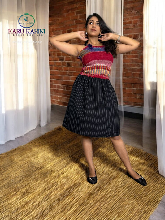 Sambalpuri Honeycomb Black Stripe Spaghetti Dress